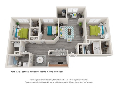 Floor plan for 3 beds, 2 baths, 1422 sqft